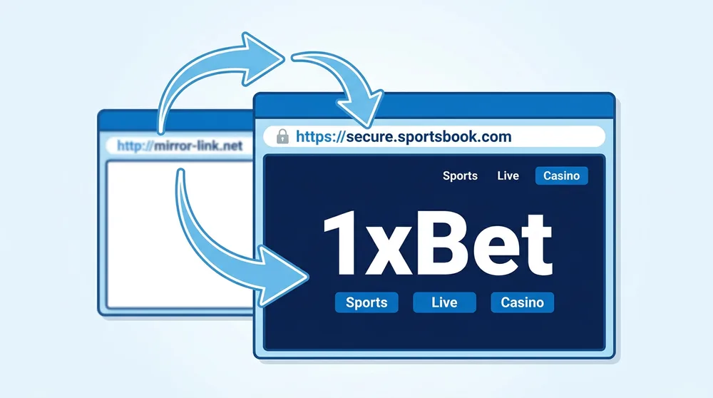 1xbet 미러 주소 이동 과정 설명 이미지, 브라우저 주소창의 HTTPS 자물쇠 표시와 1xBet 파란색 화면 확인