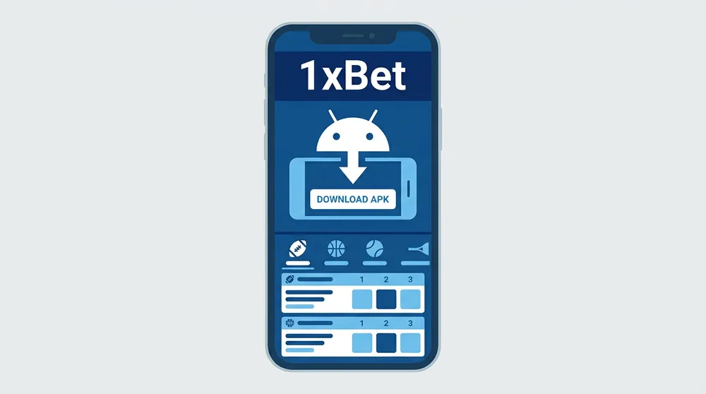 1xbet 모바일 앱 APK 다운로드 안내 이미지, 파란색 1xBet 앱 화면과 안드로이드 설치 파일 내려받기 표시